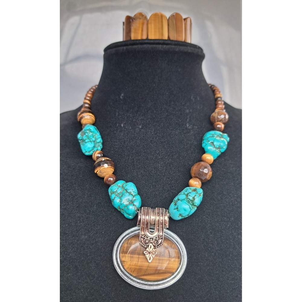Turquoise Tigers Eye Beaded Necklace Pendant and Stretch Bracelet‎ Jewelry Set